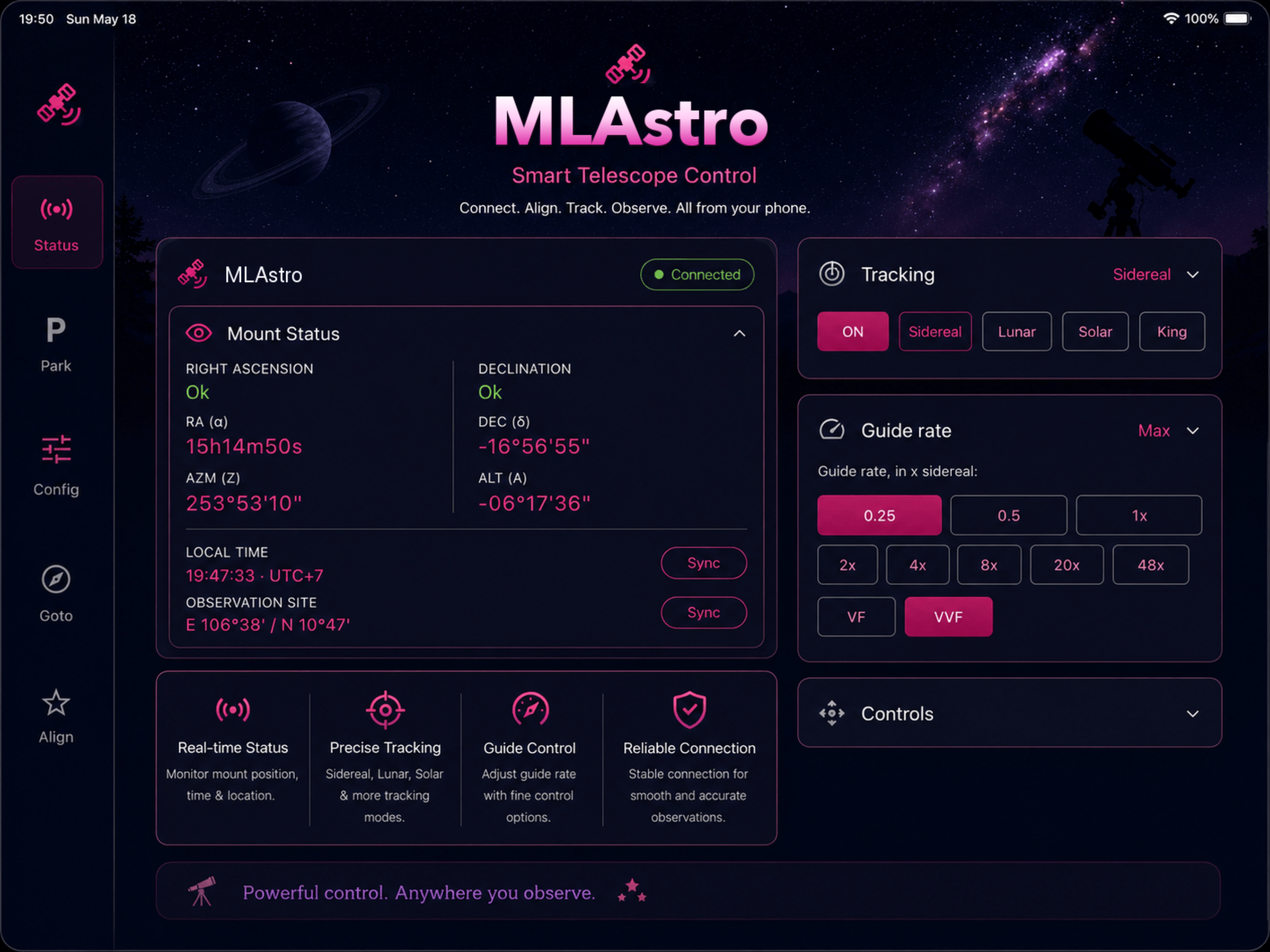 MLAstro iPad Interface Showing Star Tracking Controls