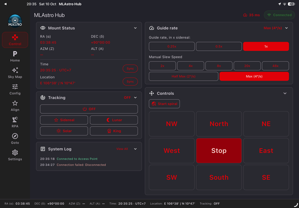 MLAstro Hub mount control dashboard